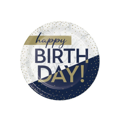 Piatto Carta Dessert Happy Birthday cm18 Blu Navy e Oro  pz8