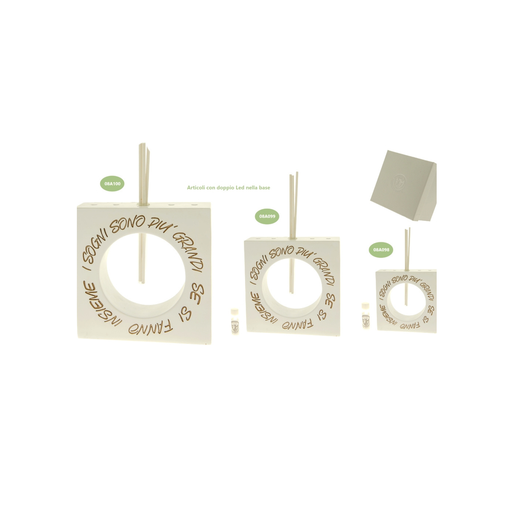 Bomboniera Diffusore Quadrato Resina c/Led Luminoso e Scritte Cm 22x H 22 Pz1 a cf.