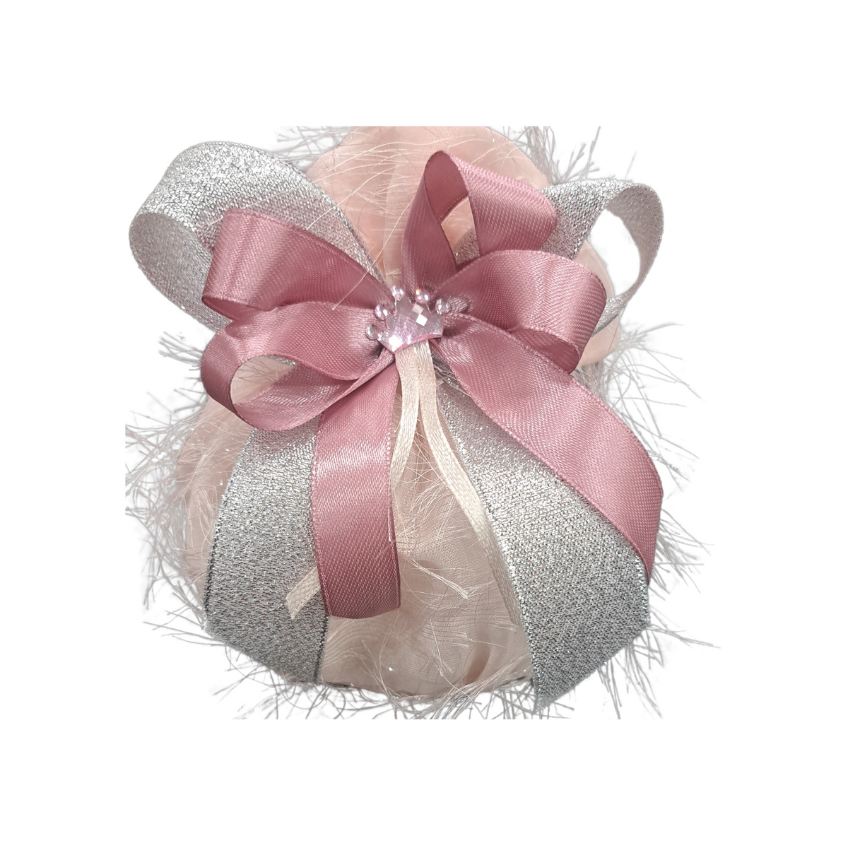 Sacchetto Portaconfetti Organza Rosa Elegante con Applicazione Completo di Confetti.