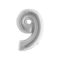 Pallone  Foil Numero "9" Argento 36"- 90cm  con cannuccia pz1